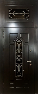 Стальная дверь с терморазрывом, фрамугой, стеклом и решетками (черные панели МДФ)
