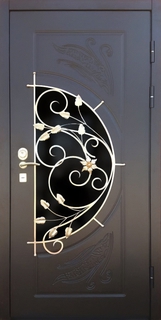 Стальная дверь с терморазрывом, фигурным полукруглым стеклом и ковкой (отделка плитами МДФ)