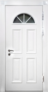Утеплённая термодверь с полукруглым окном и белыми панелями МДФ с багетом Утеплённая термодверь с полукруглым окном и белыми панелями МДФ с багетом