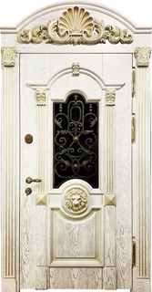 Парадная термодверь с резьбой, ковкой и стеклом (МДФ шпон с патиной)