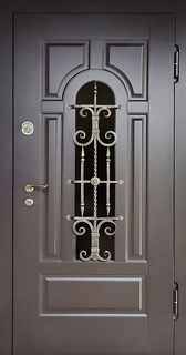 Металлическая термодверь с псевдофиленчатыми панелями МДФ, стеклом и ковкой