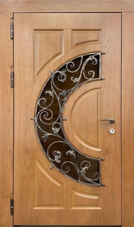 Входная термодверь с фигурным стеклопакетом и ковкой (плиты МДФ шпон)